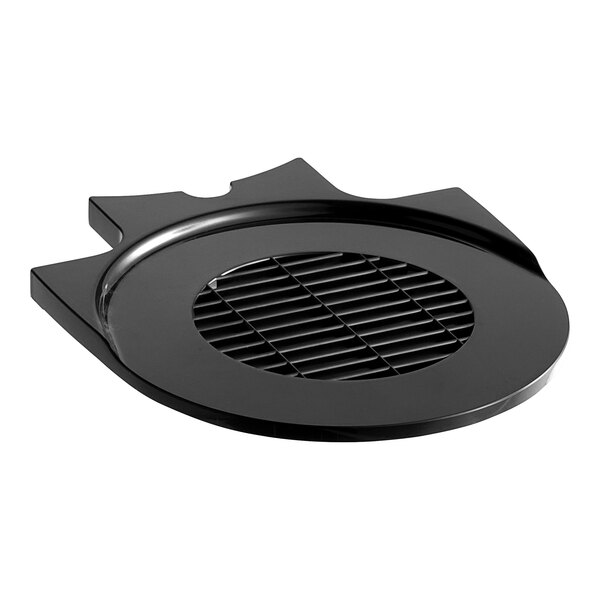 A black metal round cover with a vent and a grate on top.