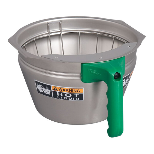 A stainless steel funnel assembly with a green handle.