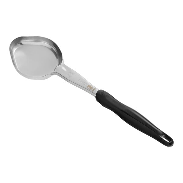 A close-up of a Vollrath black and silver oval portion spoon with a handle.