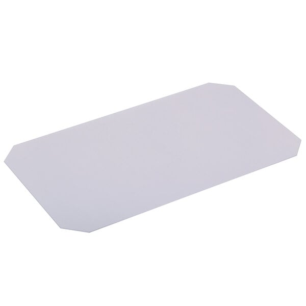 A close-up of a white rectangular PVC shelf liner with rounded edges.