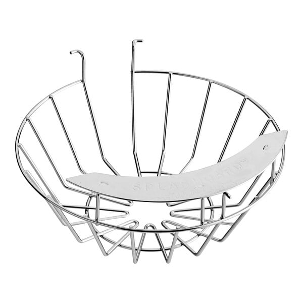 A metal basket with a metal handle.