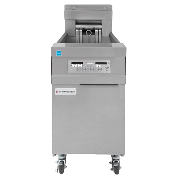 A Frymaster electric floor fryer with white rectangular SMART4U 3000 controls.