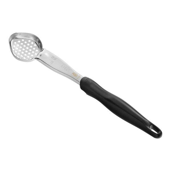 A black and silver metal Vollrath Jacob's Pride perforated oval spoon with a handle.