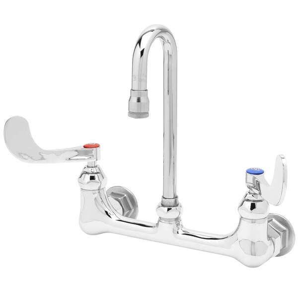 a silver faucet with a red and blue knob