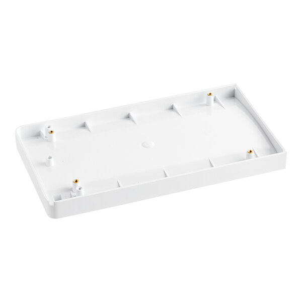 A white plastic Bunn hopper drip tray with screws.