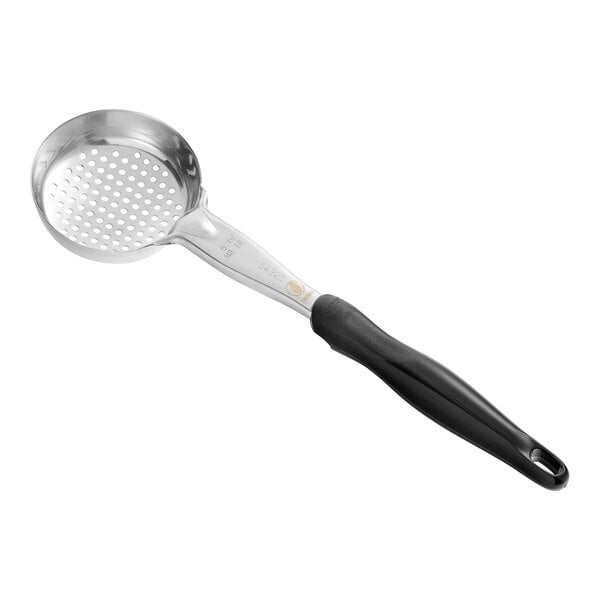 A close-up of a Vollrath black round perforated spoodle with a stainless steel bowl and black handle.