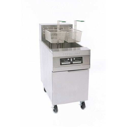 A Frymaster electric floor fryer with automatic basket lifts and multiple baskets.