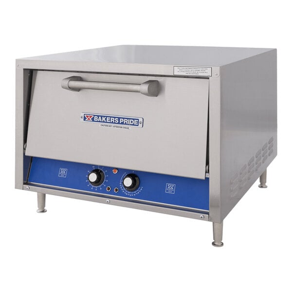 A stainless steel Bakers Pride brick lined electric countertop bake and roast oven with control knobs and a front handle.