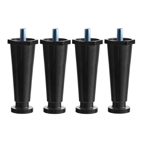 A close up of four black plastic adjustable legs with blue screws.