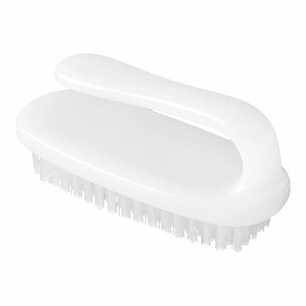 A white plastic cleaning brush with a curved handle and stiff bristles.