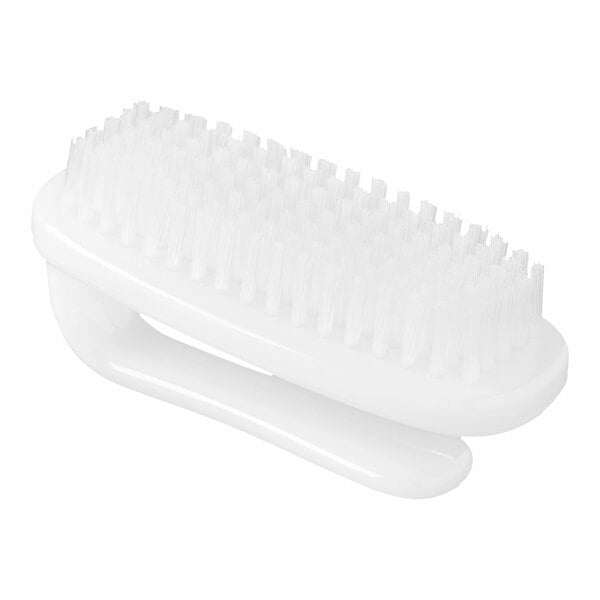A white plastic brush with a handle and dense bristles, designed for cleaning.