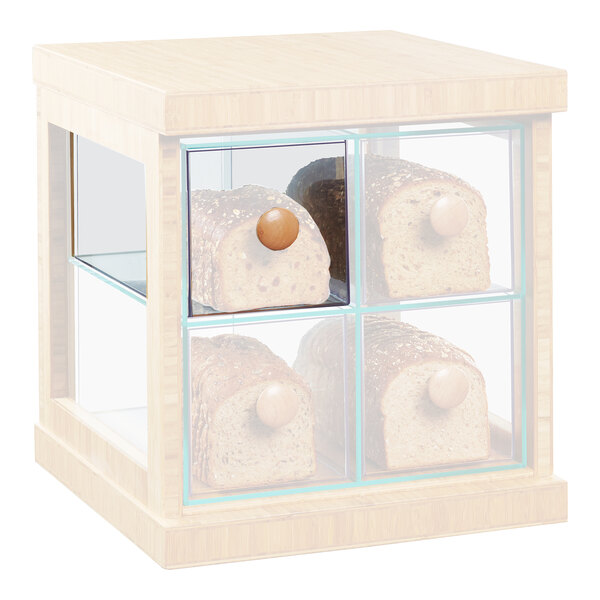 A wooden box with bread inside.