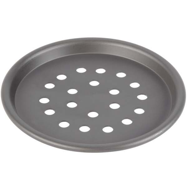 An American Metalcraft round metal pizza pan with holes.