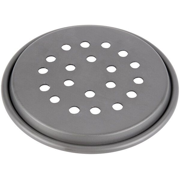 An American Metalcraft Super Perforated Hard Coat Anodized Aluminum Pizza Pan with holes in it.