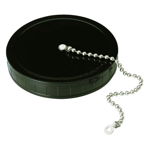 A black plastic T&S replacement cap assembly with a chain attached.