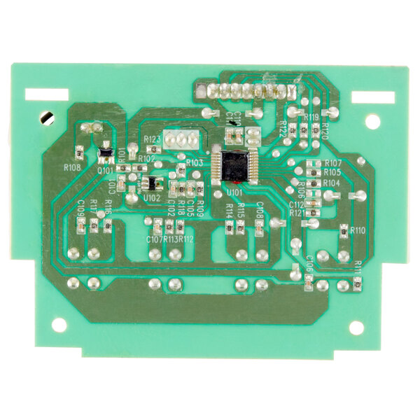 A green circuit board with small electronic components.