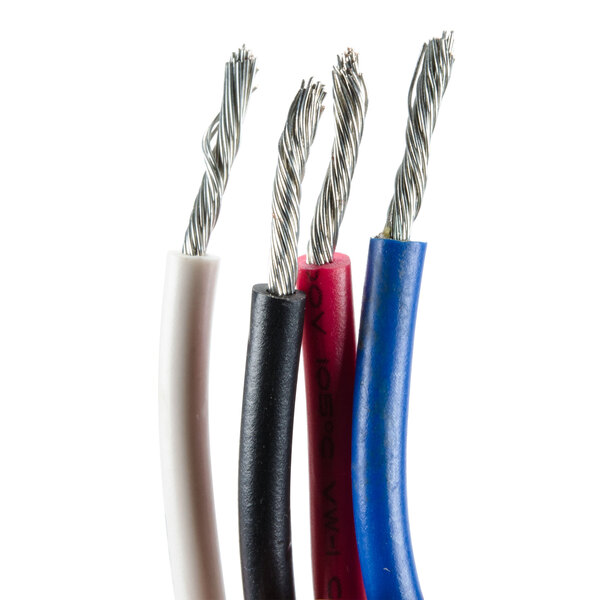 A close up of a black, blue, and red wire on a white background.