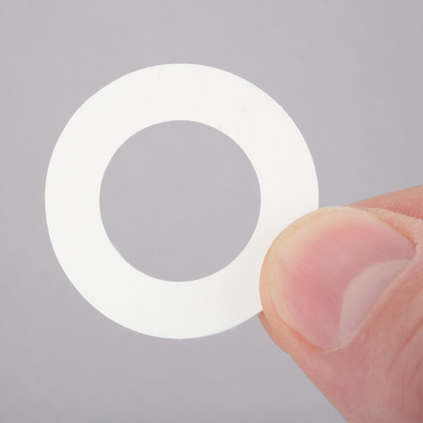 A person holding a white rubber washer with a purple circle.