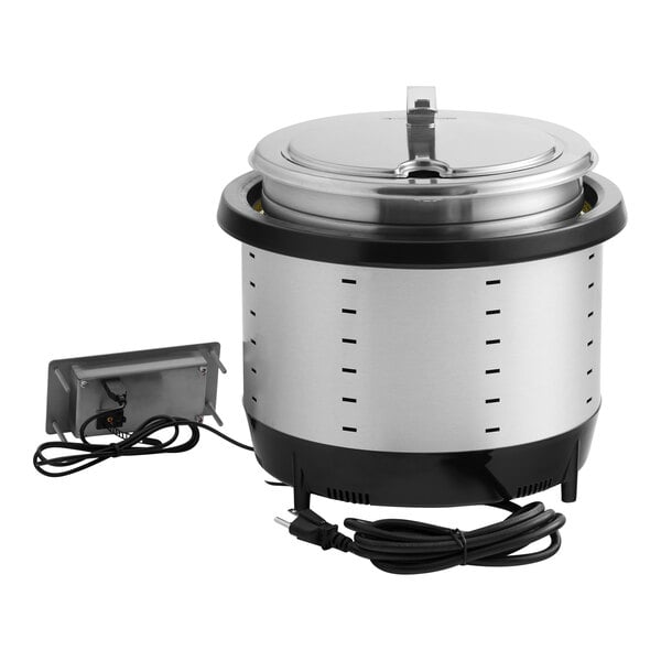A silver 11-quart drop-in induction rethermalizer with a lid and attached power cord.