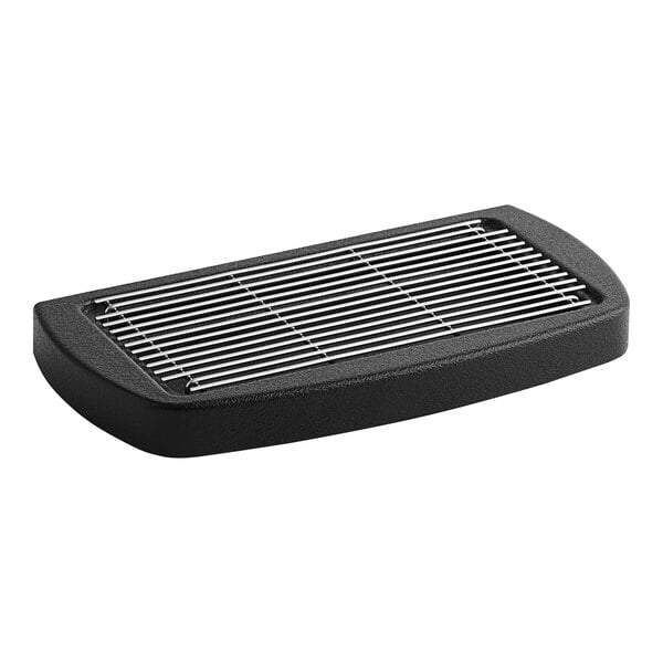 A black rectangular Bunn drip tray with a metal grate.