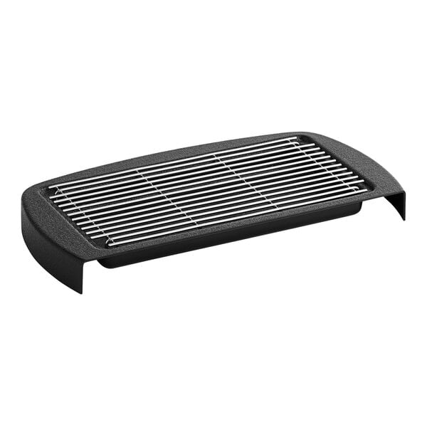 A black rectangular drip tray with a metal grate.