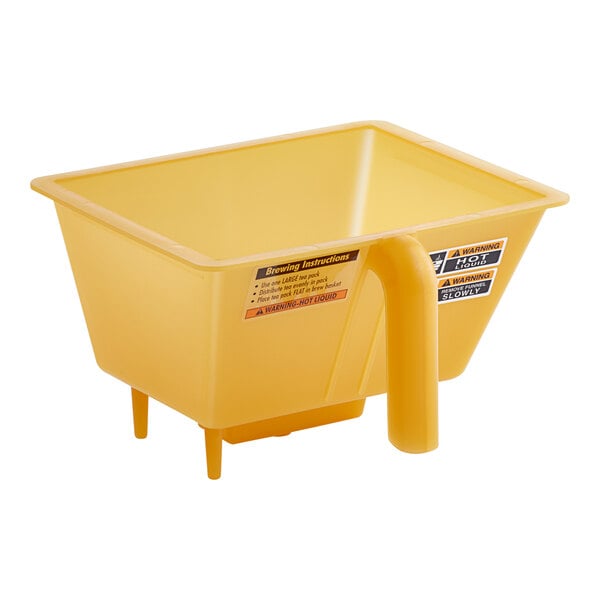 A yellow plastic Bunn funnel with a handle.