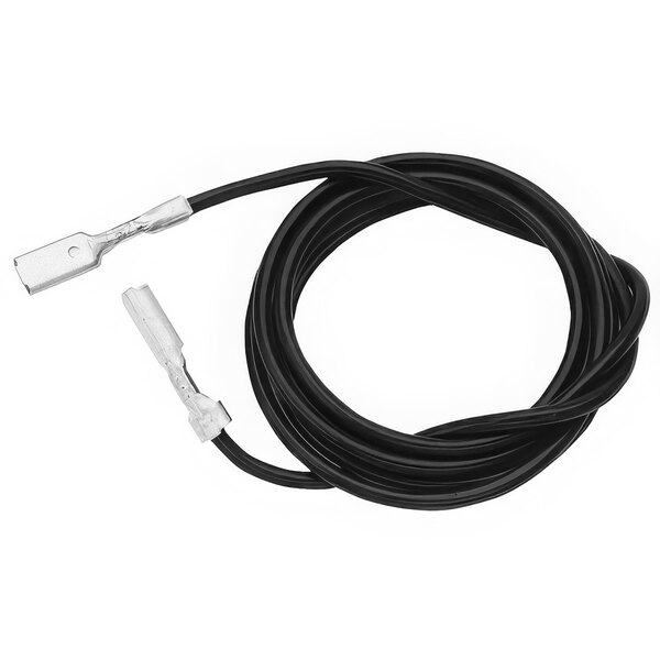 A black cable with silver ends and two white wires.