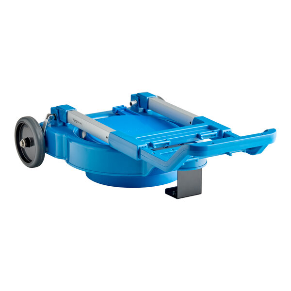 A blue San Jamar Saf-T-Ice cart designed to transport a 6-gallon ice tote, featuring wheels and a handle for easy mobility.