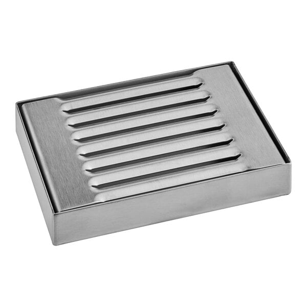 A stainless steel drip tray with six slots for a Bunn iced tea dispenser.