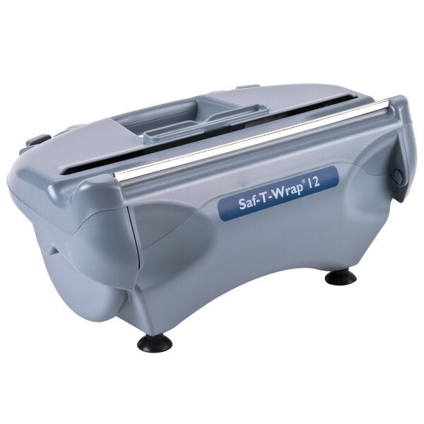 A grey San Jamar Saf-T-Wrap film and foil wrapping station on a counter.