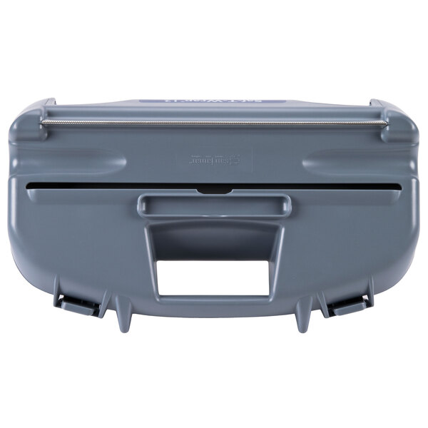 A grey plastic box with a handle and a slide cutter.