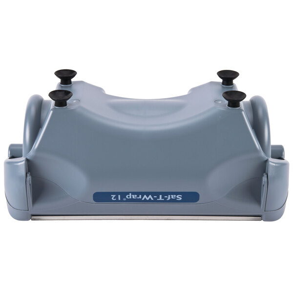 A grey San Jamar Saf-T-Wrap film and foil wrapping station with black knobs.