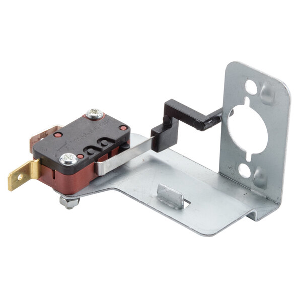 A black metal Waring micro switch and bracket with screws.