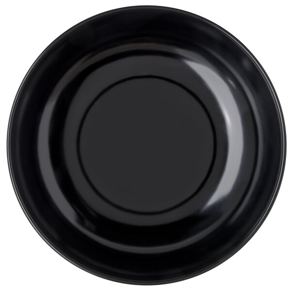 A close up of a black Carlisle round deli crock with a circular pattern.