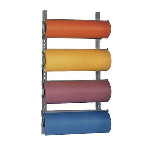 A Bulman metal rack holding four rolls of paper.