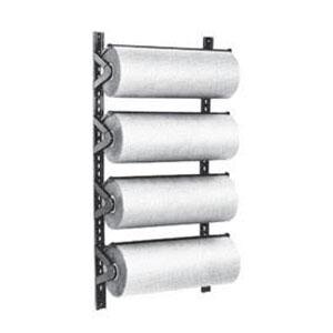 A Bulman horizontal paper roll rack holding four rolls of paper.