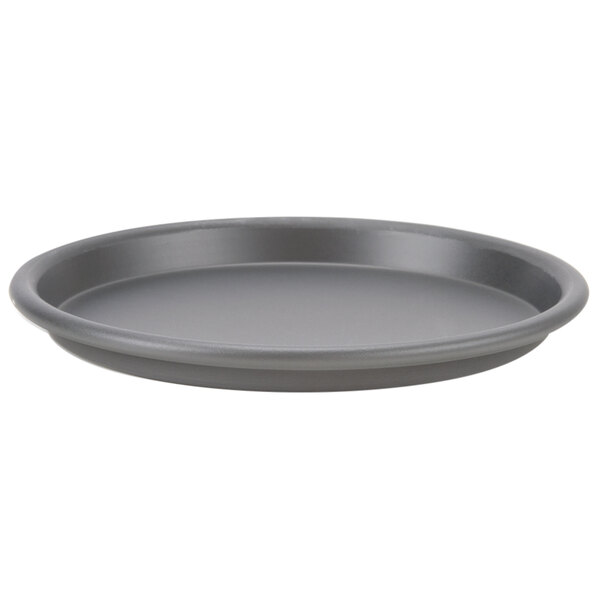 An American Metalcraft hard coat anodized aluminum round pizza pan on a white surface.