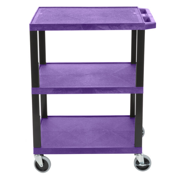 A purple Luxor utility cart with three shelves and black legs.