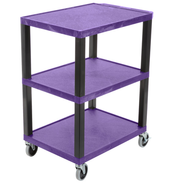 A Luxor purple three shelf utility cart with wheels.