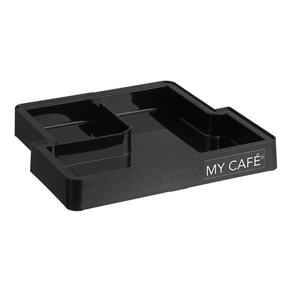 A black Bunn drip tray with white text reading "my cafe" on it.