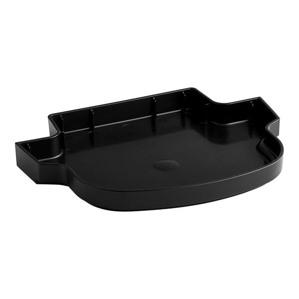 A black plastic tray with a curved edge and holes on a counter.