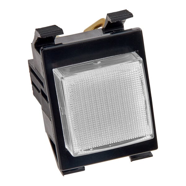 A black square Bunn momentary push button switch with a clear light.