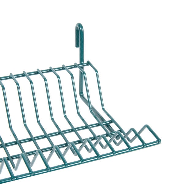 A green Metro wire rack with hooks.