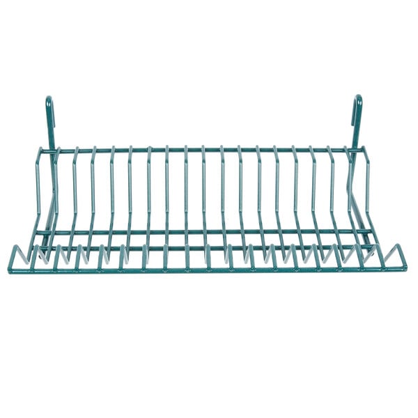 A green Metro SmartWall G3 lid holder and drying shelf with racks and hooks.