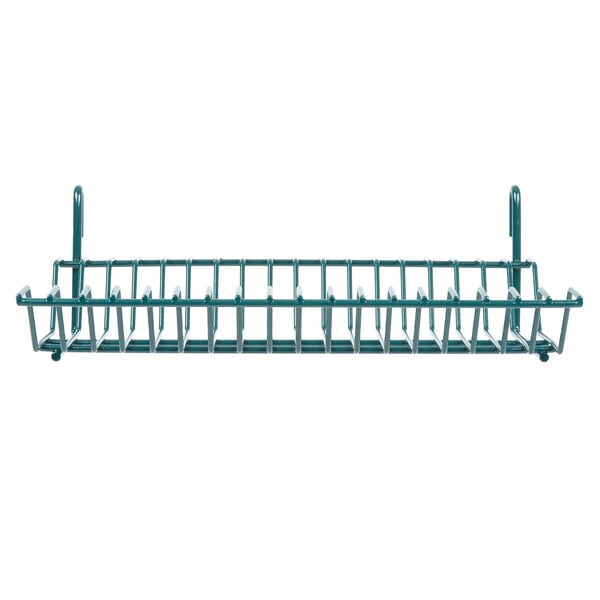 A Metroseal 3 metal lid holder and drying shelf with a green metal bar.