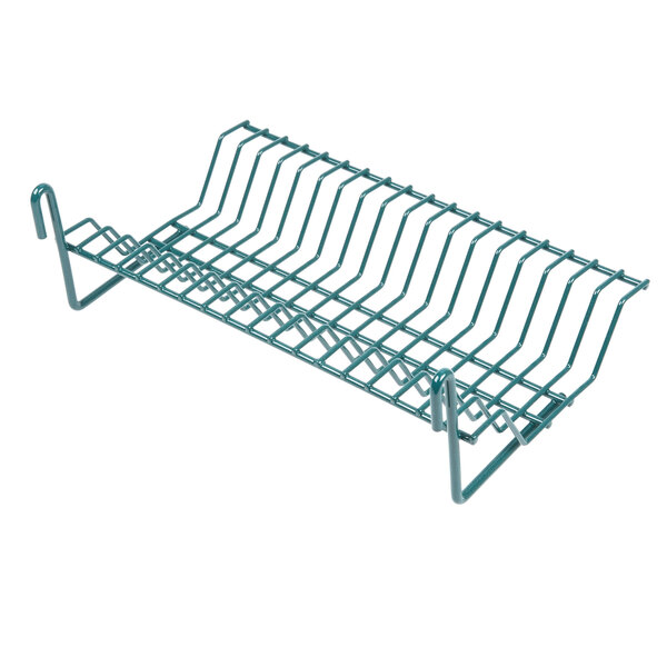 A green wire rack with hooks on it.