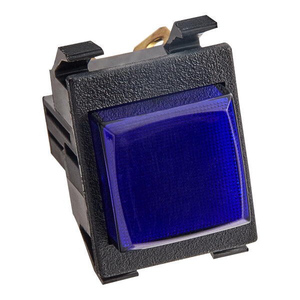 A blue square Bunn momentary push button switch with a black plastic holder.