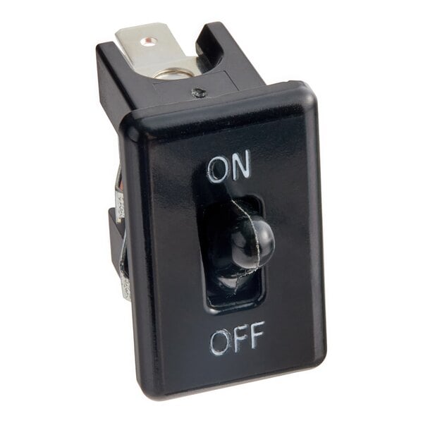 A black toggle switch with white on/off text.