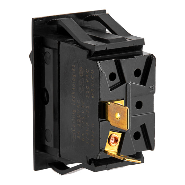 A black rectangular Bunn Momentary Start rocker switch with gold and silver connectors.