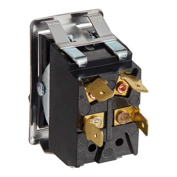 A black and silver electrical switch with metal holders for a Bunn TU3Q tea brewer.